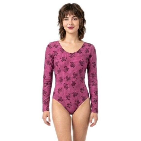 GK Tops - GK Elite VTG 90s Vibe Muted Roses Washed Magenta LS Cotton Leotard Bodysuit AXS